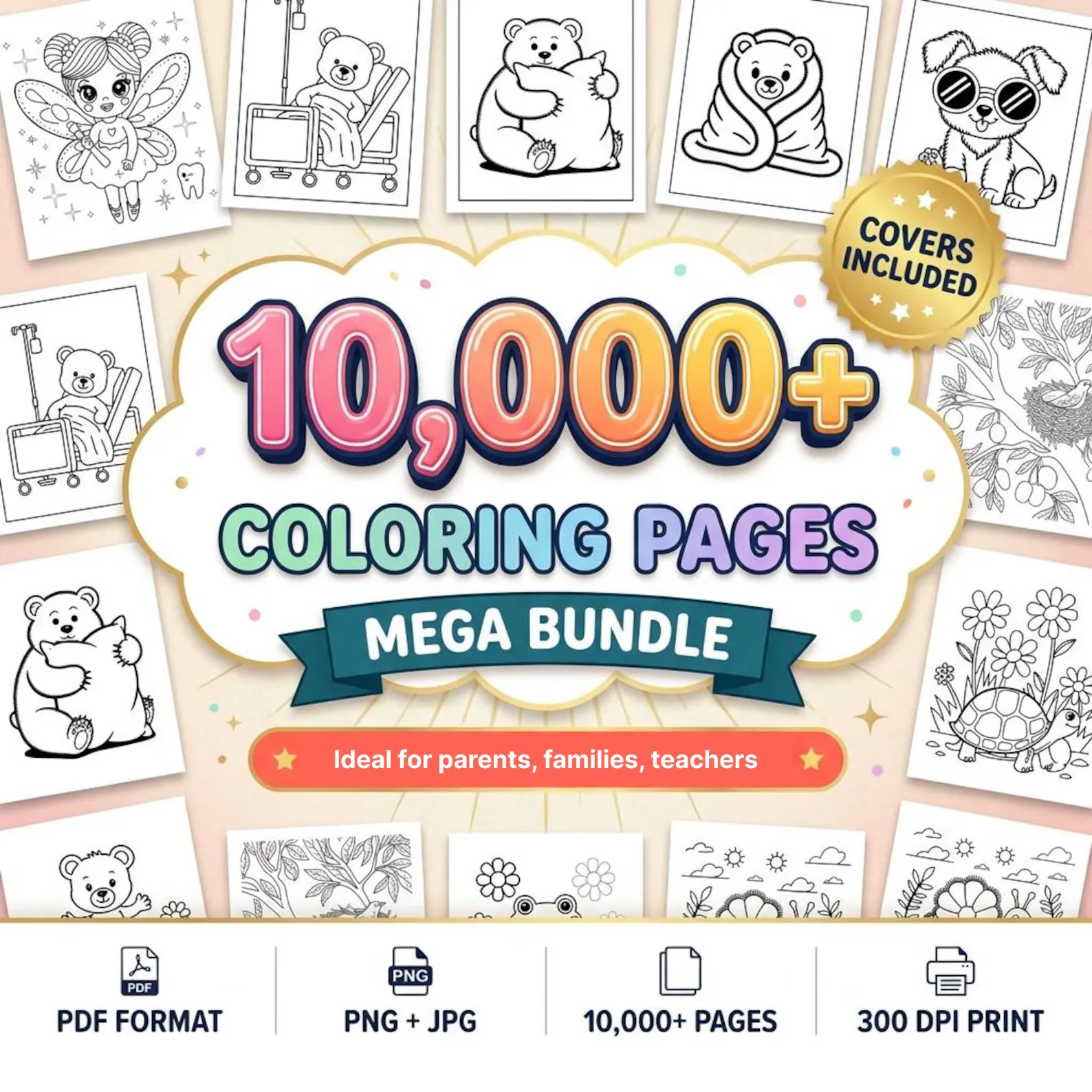 10,000+ Coloring Pages Mega Bundle for Kids and Adults - Main Cover